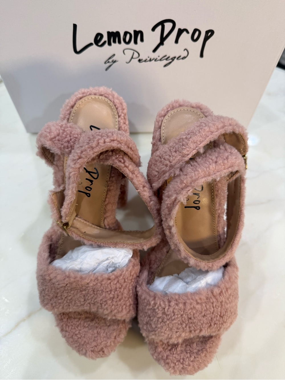 Lemon Drop by Privileged Archie Pink Fuzzy Platform Heels - Picture 2 of 5
